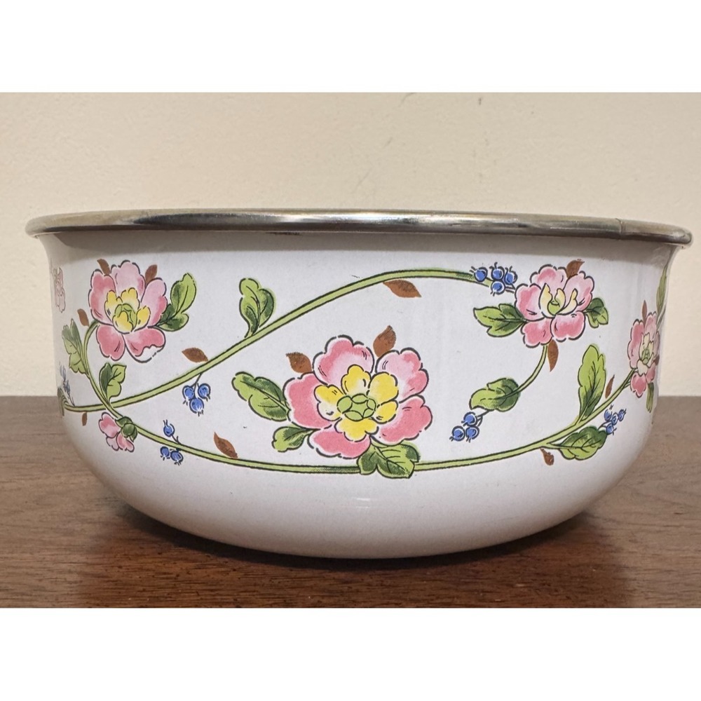 Vintage Kobe Kitchen Enamelware Bowl Retro Pink Yellow Floral Japan